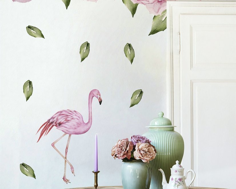 Wandtattoo mit Rosa Pfingstrosen und Flamingo
