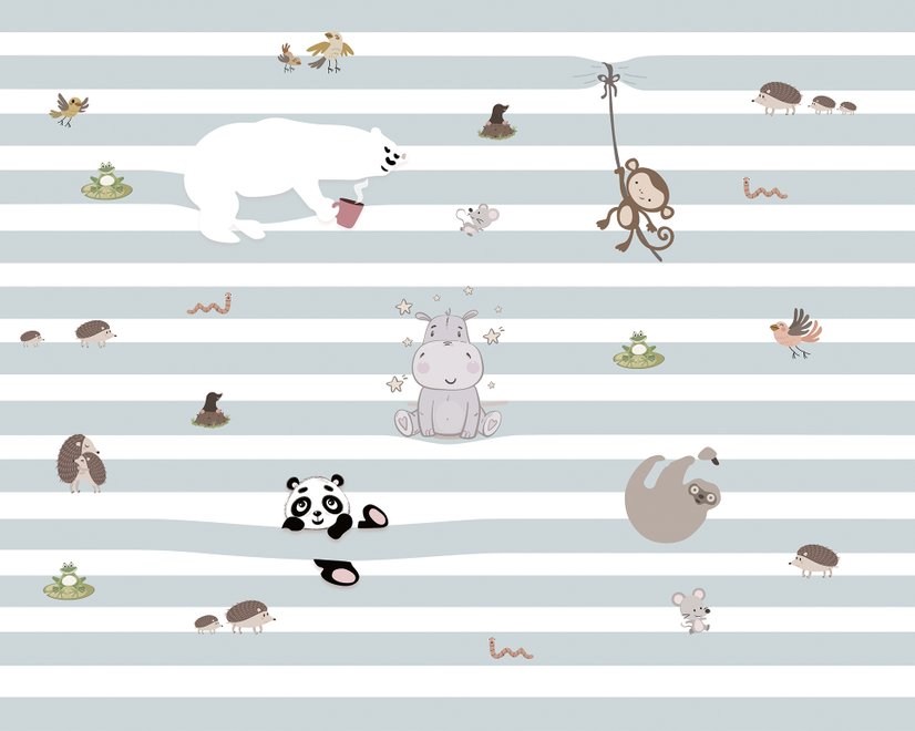 Cute Animals on the Colorful Stripe Wallpaper Mural