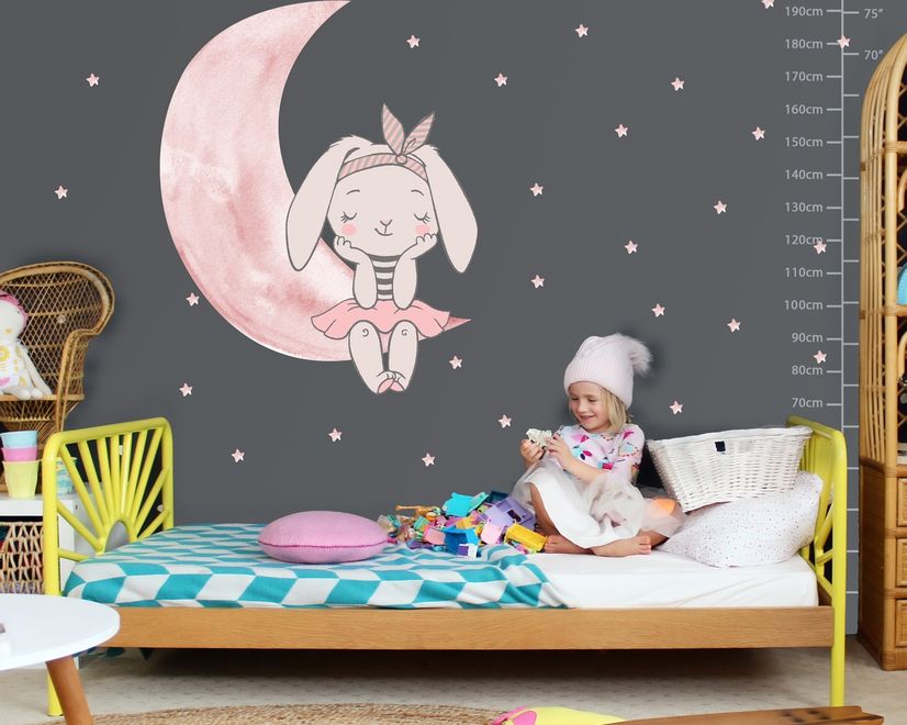 Kids Watercolor Cute Rabbit and Pink Moon with Little Stars Wall Decal Sticker