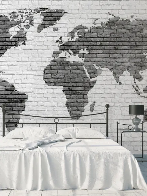 Black White Brick World Maps Wallpaper Mural