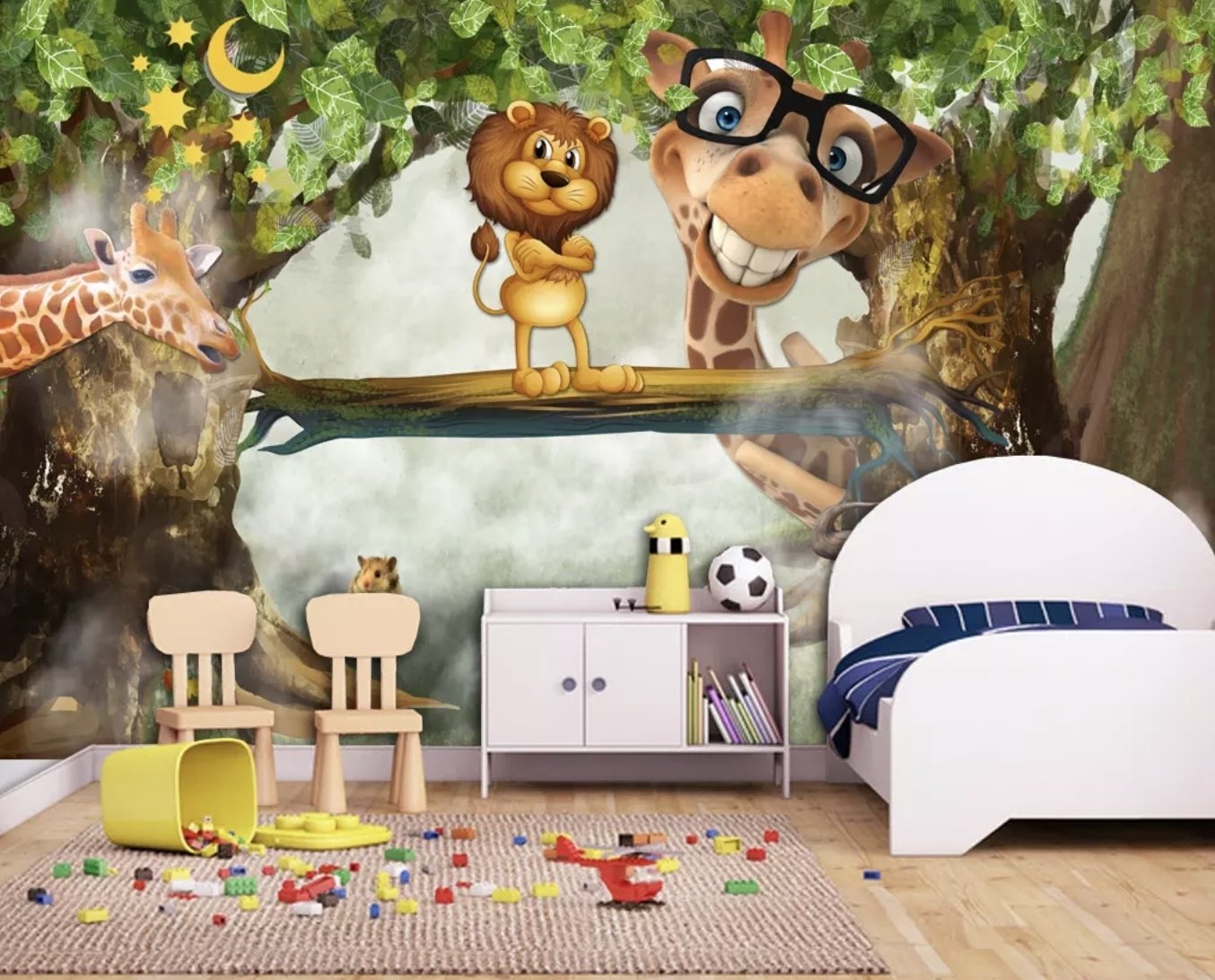 3D Look Cartoon Giraffe and King Lion Wallpaper Mural - Peel and Stick