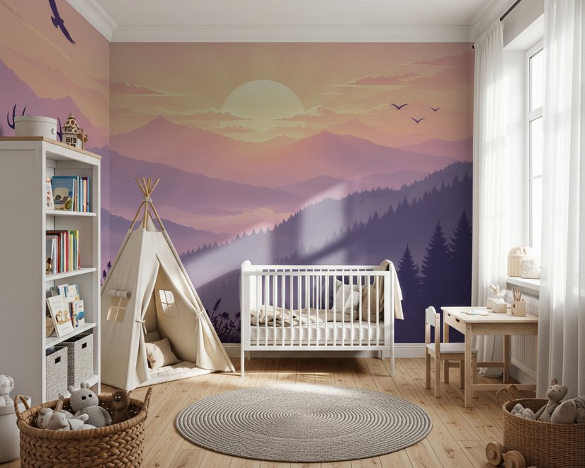 Stag mountain wallpaper with a navy deer silhouette, lavender pine ridges and a pale golden sun