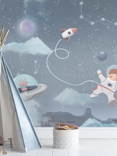 Papier peint panoramique de l'espace pour garçons - Planètes brillantes et astronautes
