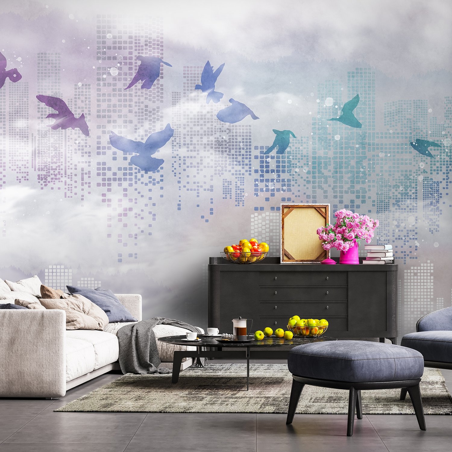 Abstract City with Purple Birds Wallpaper Mural - Peel and Stick