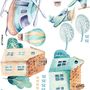 Kids Cartoon Village for Boys Watercolor Aircraft and Hot Air Balloon Wall Decal Sticker