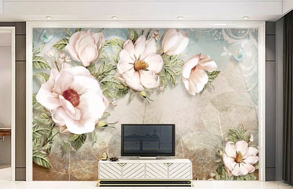 Retro Oil Painting White Flowers Wallpaper Mural - Peel and Stick