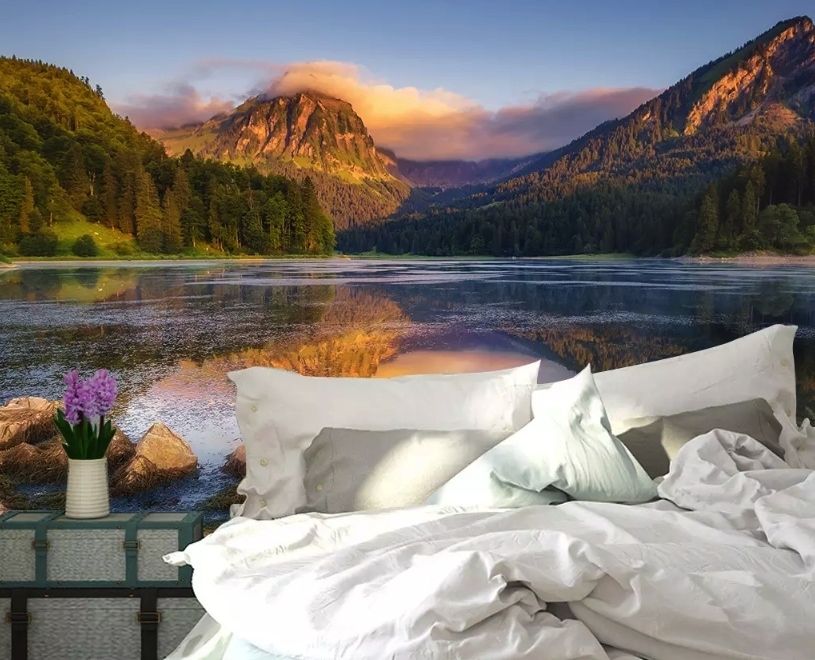 Mountain and Lake Landscape in the Sunrise Wallpaper Mural