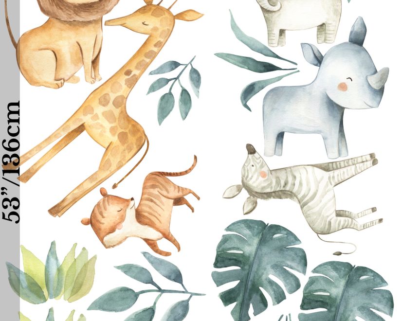 Kinder Aquarell Safari Tiere mit Tropischen Blättern Wandtattoo