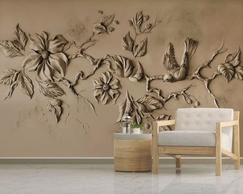3D Embossed Look Cement Floral Tree Wallpaper Mural