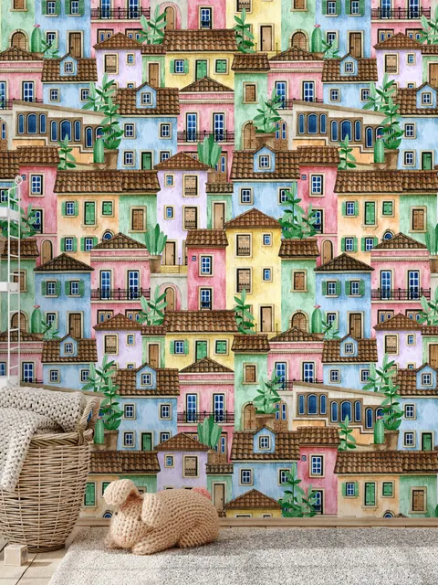 Kinder Aquarell Mittelalterliches Haus mit Pflanzen Fototapete