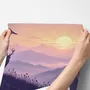 Stag mountain wallpaper with a navy deer silhouette, lavender pine ridges and a pale golden sun