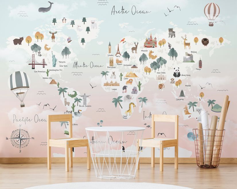 Kids Pink World Map with Cute Animals and Little Balloons Wallpaper Mural