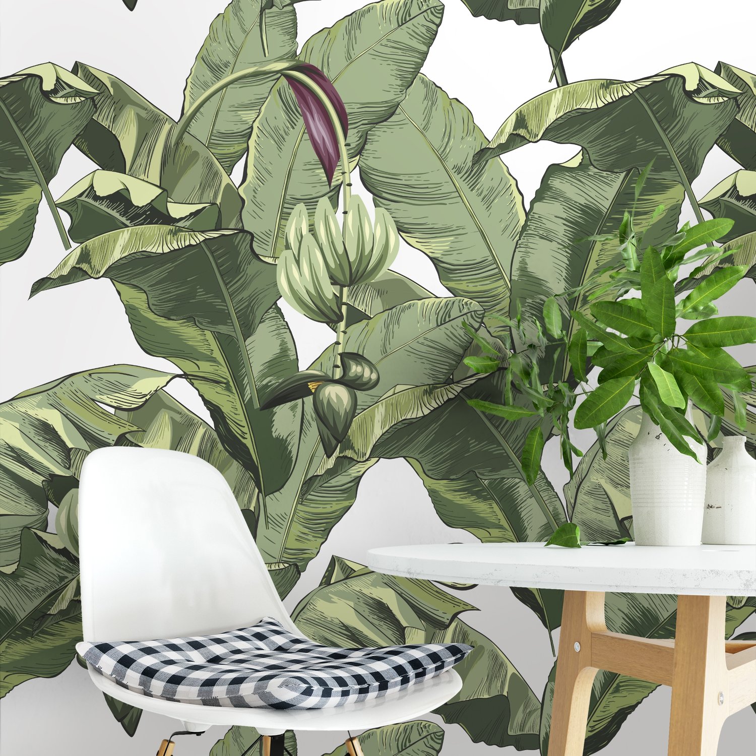 Green Tropical Bananana Leaves with Calla Lily Flowers Wallpaper Mural - Peel and Stick