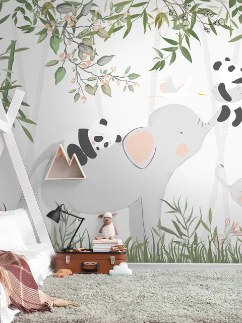 Panda Bear on Elephant Wallpaper Mural