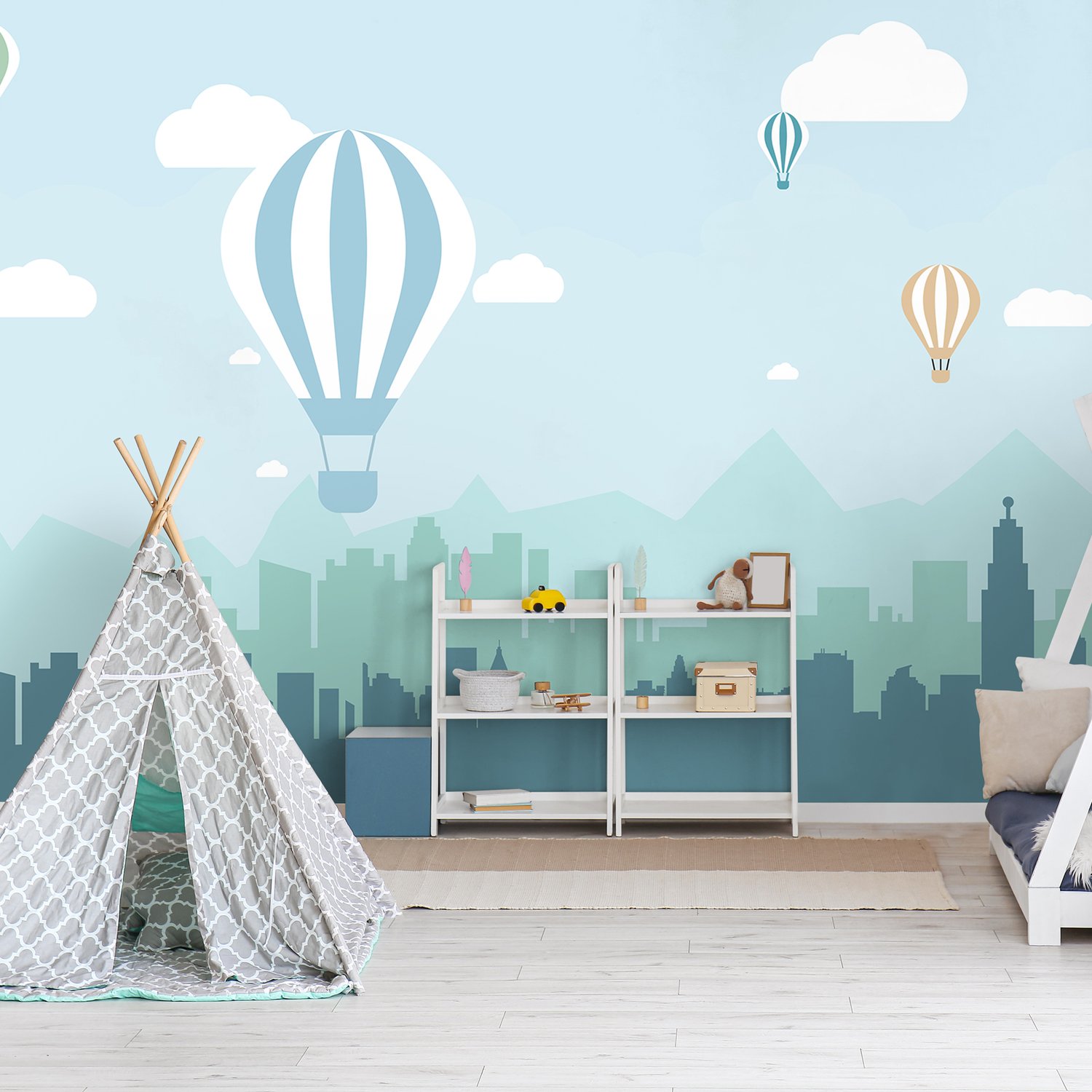 Hot Air Balloon and Blue City Landscape Wallpaper Mural - Peel and Stick