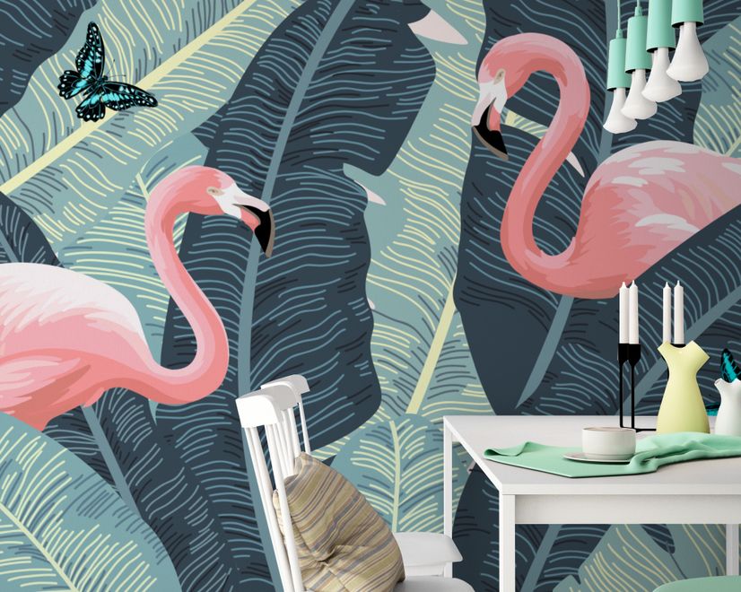 Tropical Banana Leaf with Pink Flamingo Wallpaper Mural