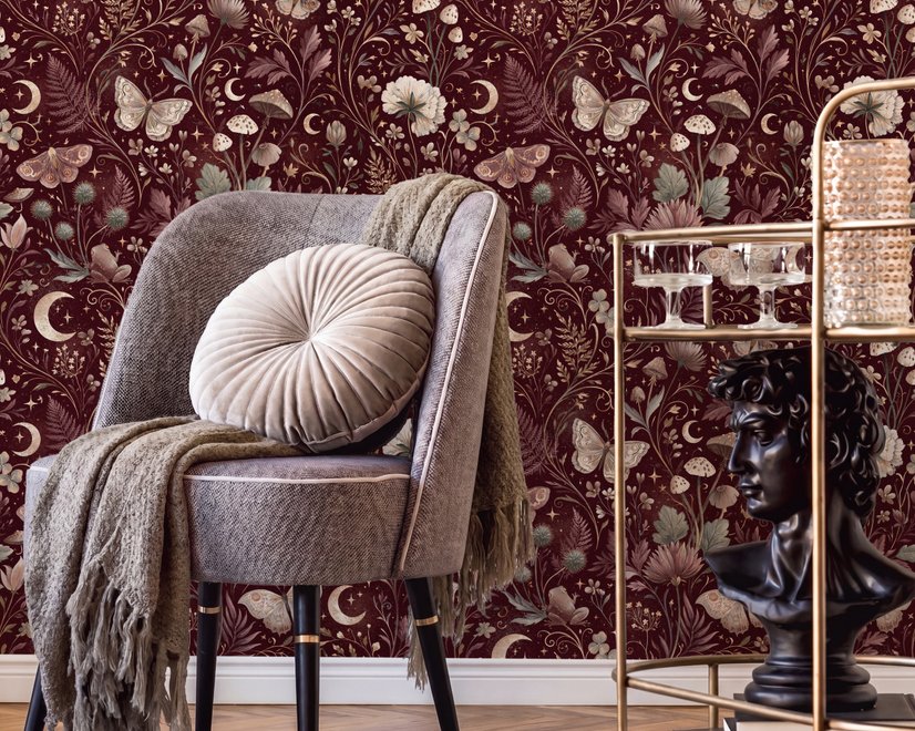 Pink butterflies wallpaper on a claret ground with cream flowers, moons, stars and spotted mushrooms.