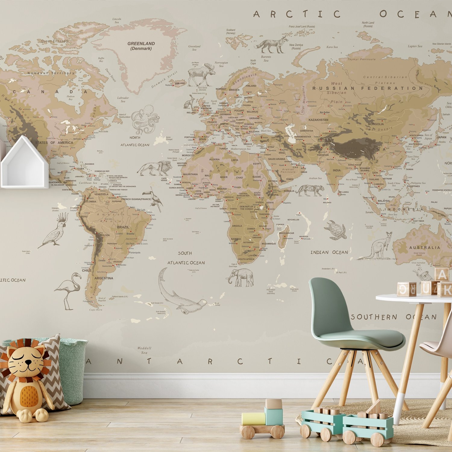 Kids Brown Political World Map with Animals Wallpaper Mural - Peel and Stick
