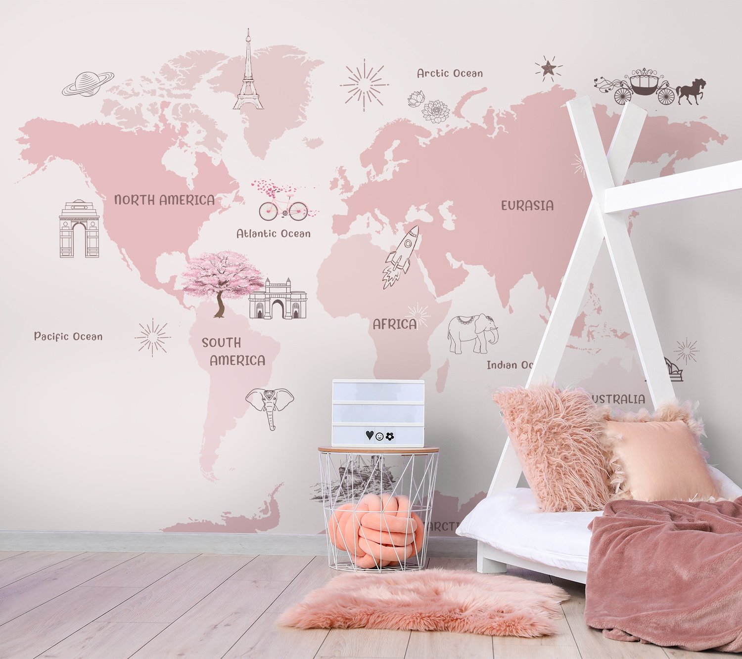 For Girls Pink Monochrome World Map Wallpaper Mural - Peel and Stick
