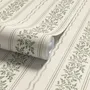 Green aesthetic wallpaper with sage leafy sprigs, fine vertical rules and dotted borders on cream ivory