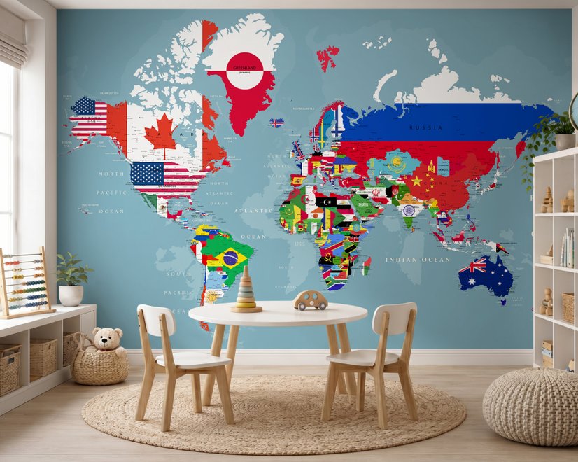 Country Flags on World Map Wallpaper Mural