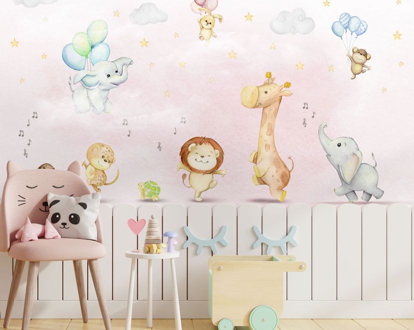 Kids Nursery Safari Animals Playing Wallpaper Mural