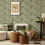 Light green and blue wallpaper with painted sage bamboo canes, olive leaves and pale celadon foliage ground
