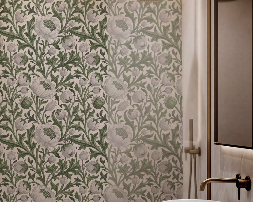 Sage green botanical floral wallpaper with white poppy flowers, lobed leaves and dotted seed centres