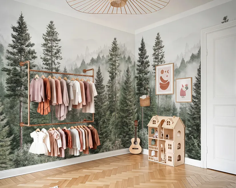 Misty mountain wallpaper mural with tall pine trees, layered green forest and pale foggy ridges