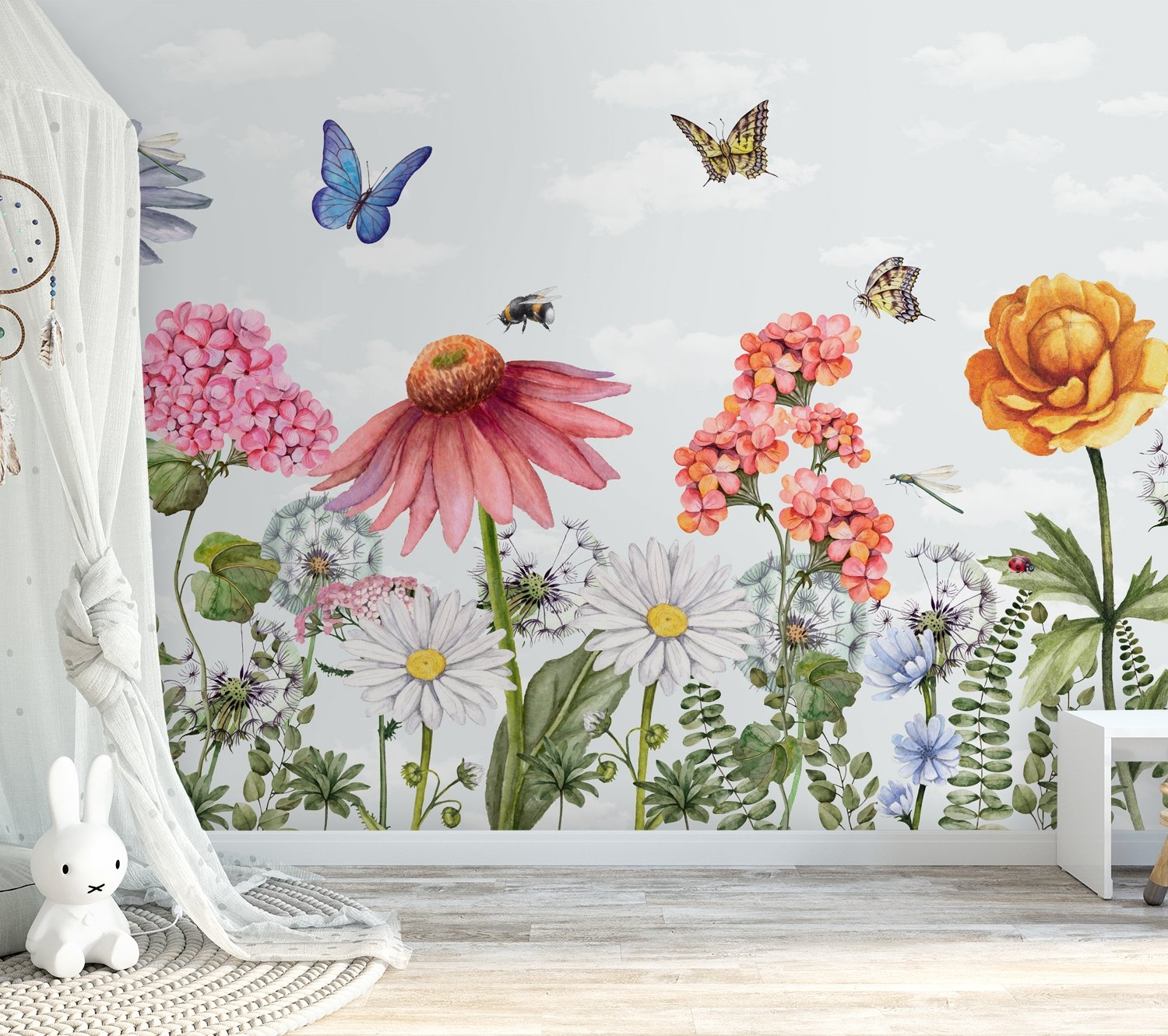 Kids Floral Gardens with Butterflies Wallpaper Mural - Peel and Stick