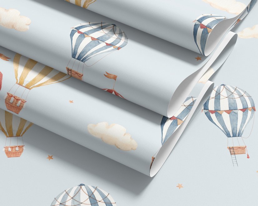 Hot air balloon wallpaper with watercolor balloons, ivory clouds and peach gold stars on pale powder blue