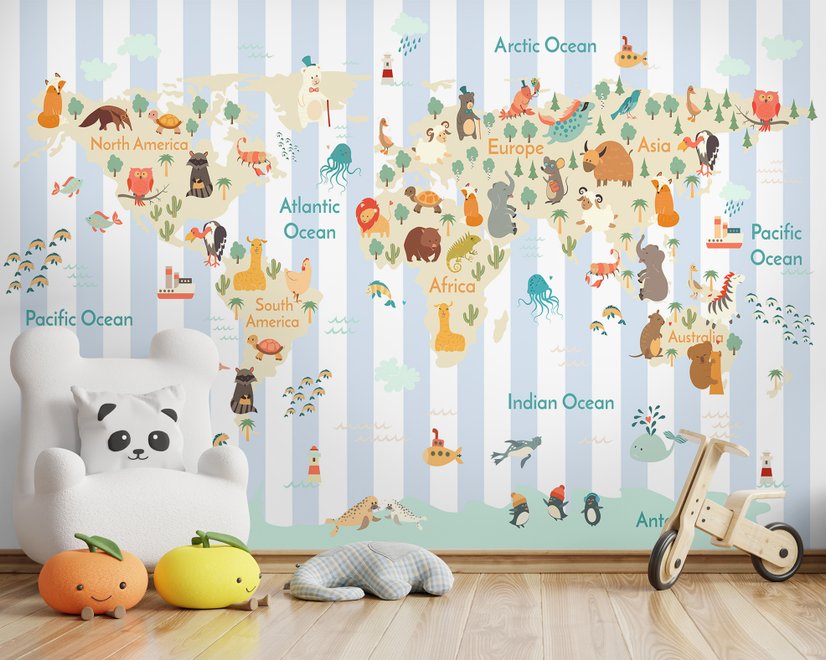 Kids Animals World Map with Stripe Pattern Wallpaper Mural