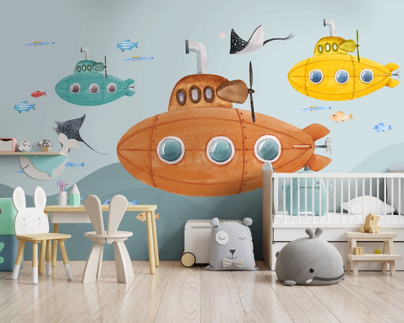 Papier peint panoramique sous-marin aquarelle garçons enfants