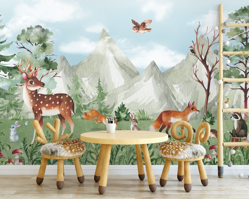 Niedliche Waldtiere mit Kinder-Berglandschaft Fototapete