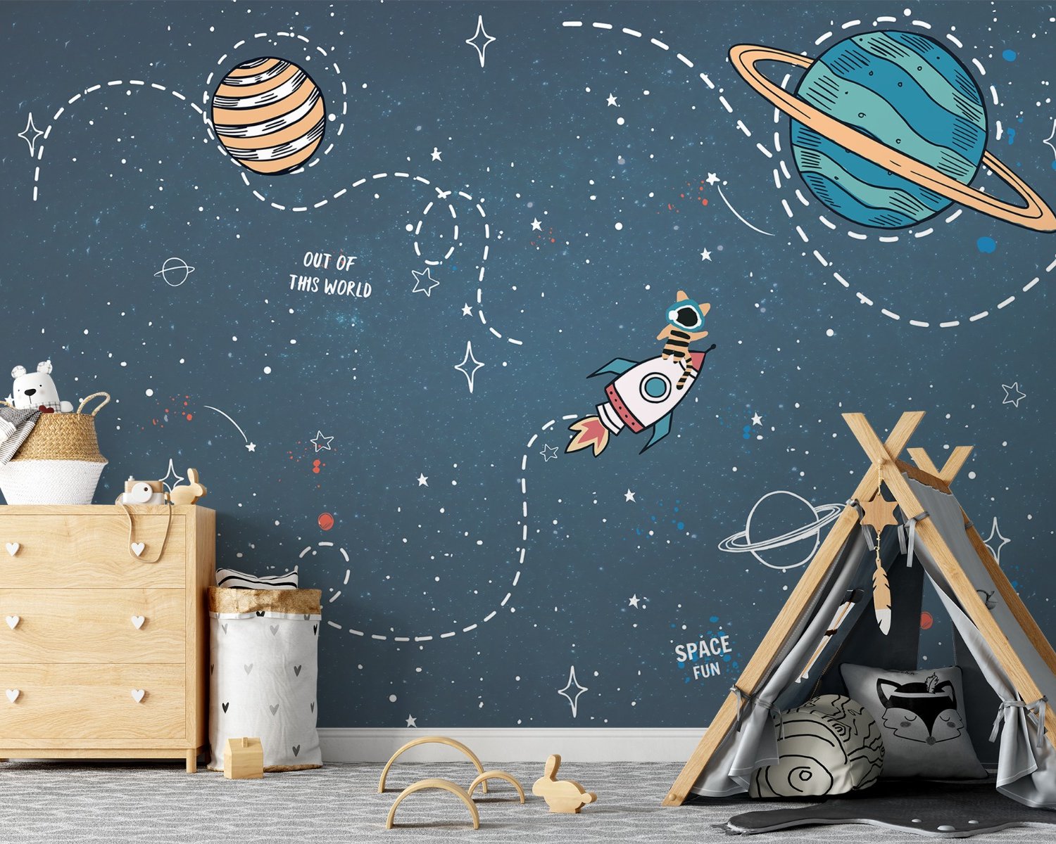 Kids Shining Cartoon Space with White Stripe Wallpaper Mural - Peel and Stick