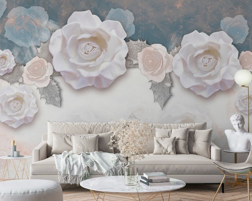 Papier peint panoramique vintage à fleurs de roses blanches