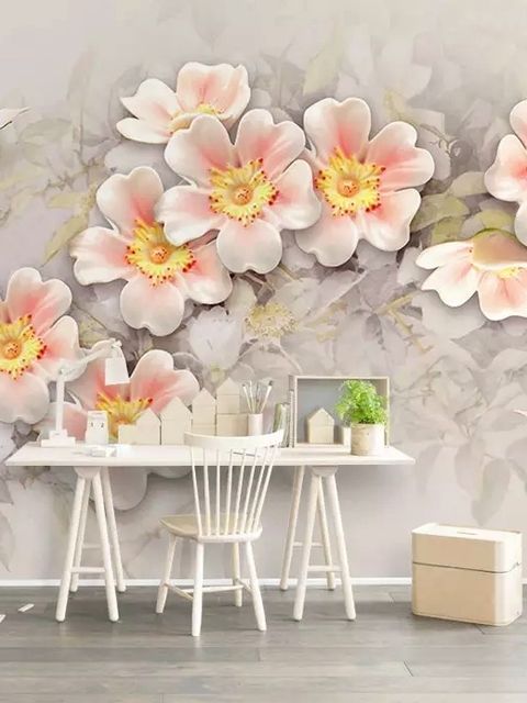 Papier peint panoramique fleurs roses et papillons blancs