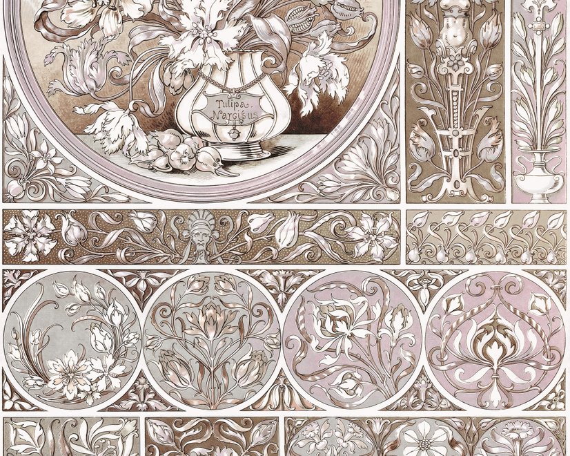 Antique wallpaper mural with Art Nouveau floral tile panels, sepia borders and blush botanical medallions