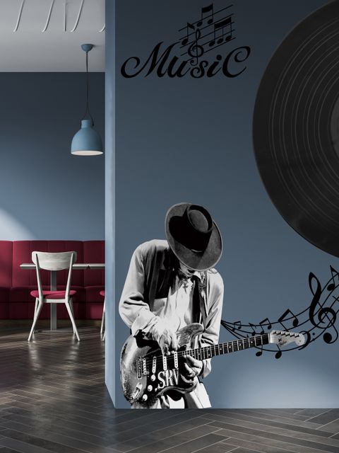 Schwarzes Musik-Schallplatten- und Rockmusiknoten-Wandtattoo