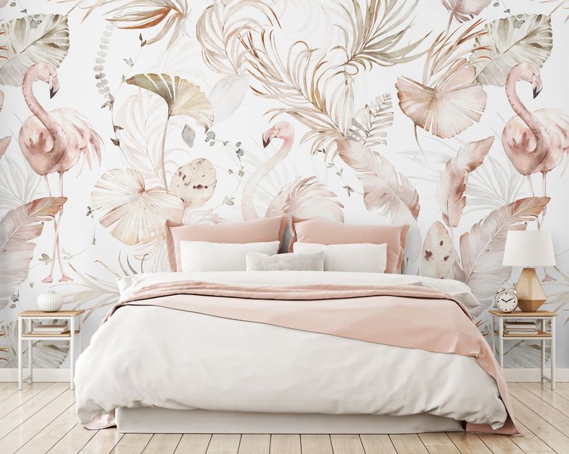 Soft Flamingo Art with Boho Tropical Leaf Wallpaper Mural