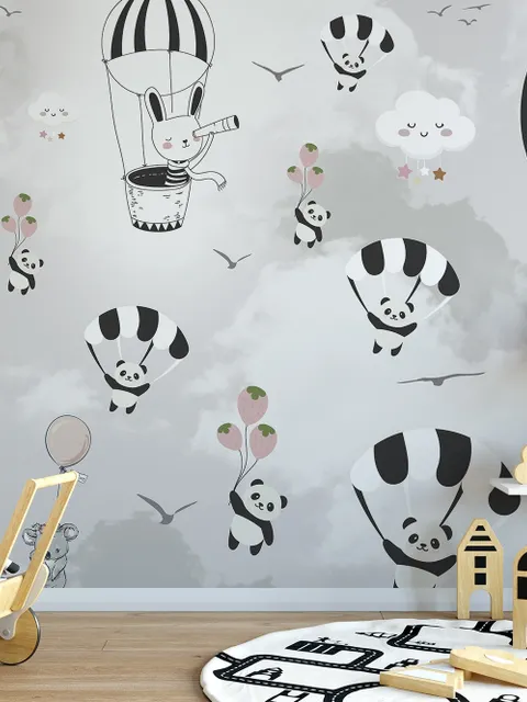 Papier peint panoramique montgolfière animaux cartoon chambre bébé