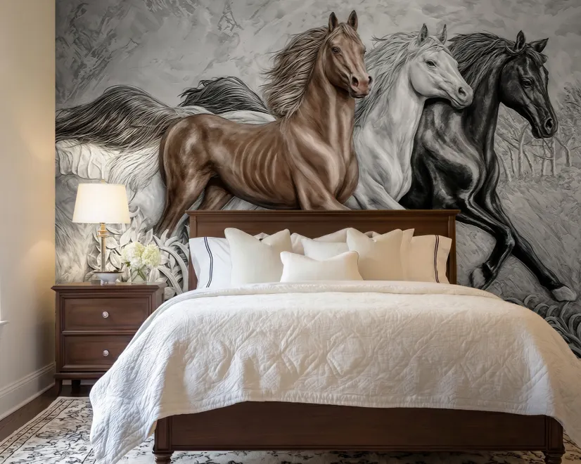 Papier peint panoramique chevaux en relief 3D