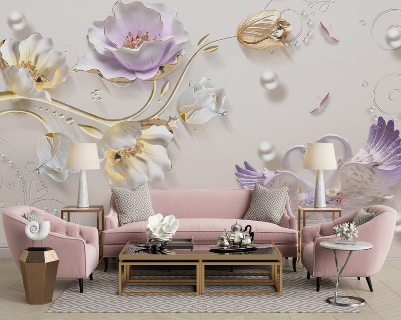 Papier peint panoramique tulipes florales et cygnes aspect 3D relief