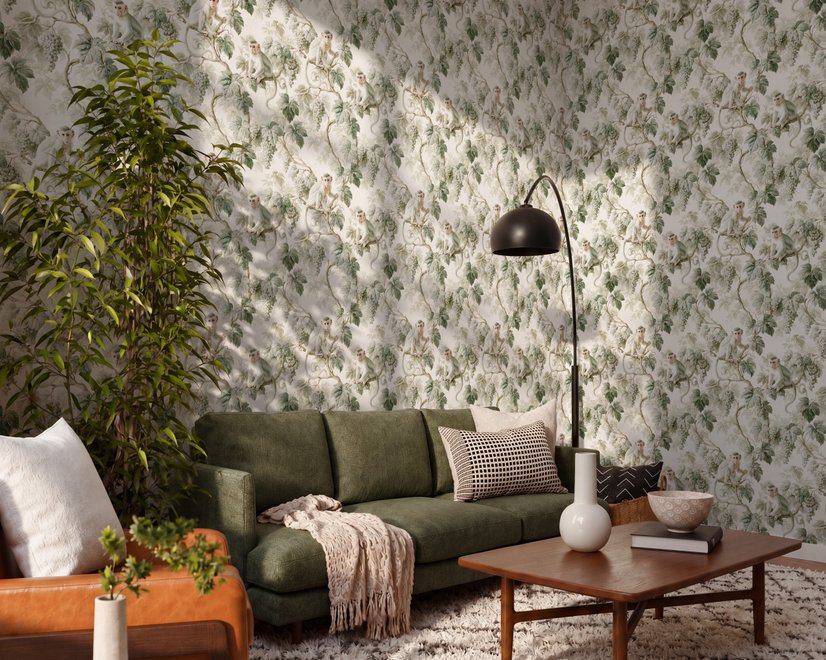 Vintage nature wallpaper with pale monkeys, sage grape leaves, white grape clusters and taupe vines on ivory.