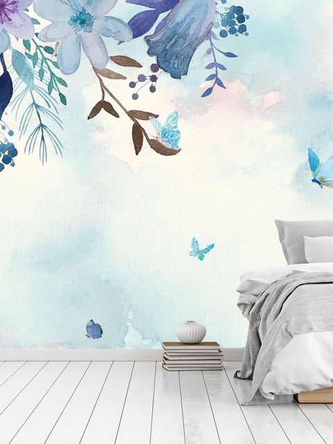 Blue Purple Floral with Little Butterfly Wallpaper Mural