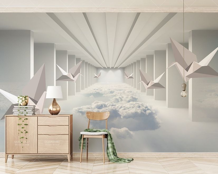 Abstract Corridor with Paper Plane Wallpaper Mural