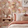 Pink tropical wallpaper with ivory fan palms, orchids, coral blossoms and sage foliage on dusty rose