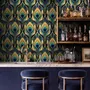 Art Deco feathers wallpaper with turquoise peacock eyes, gold plumes and navy teal ground