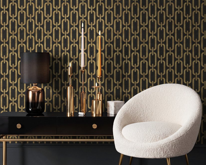 Black wallpaper with gold vertical chain link Art Deco repeat on a textured charcoal ground
