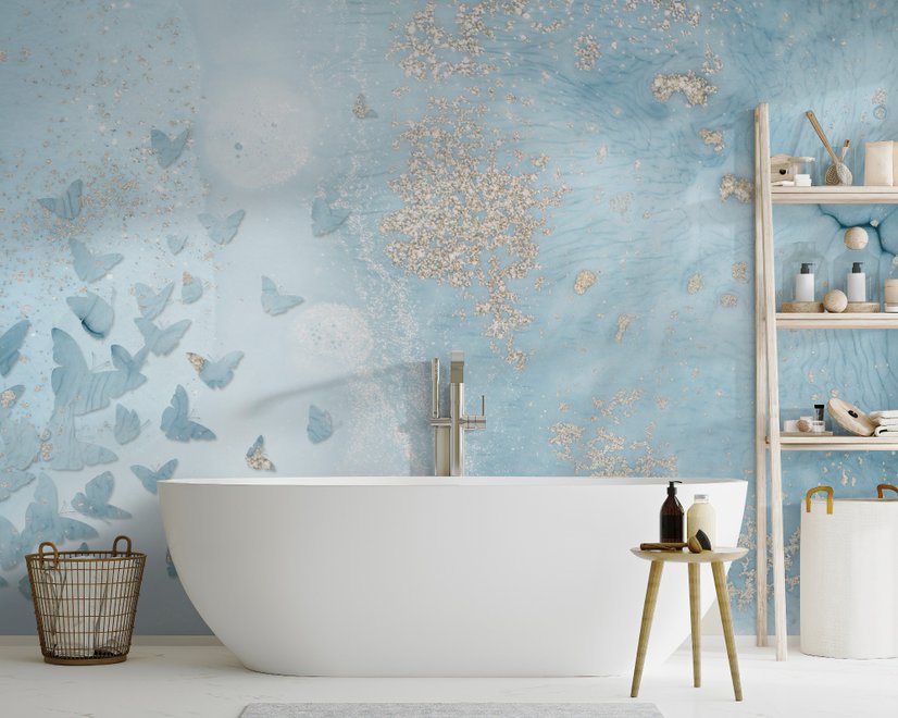 Papier peint abstrait avec papillon sur fond bleu